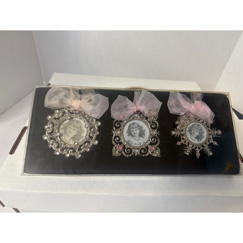 Vintage Style Silver Tone Rhinestone Picture Frame Ornaments Set of 3 Pink Bows